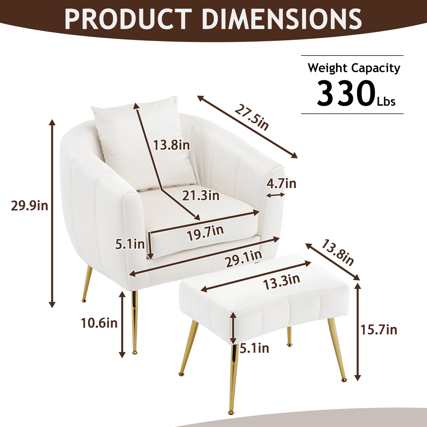Velvet Accent Chair Set Barrel Chair with Ottoman Modern Club Chair Reading Armchair with Lumbar Pillow for Living Room, Bedroom, Study Room, Home Office Off-White