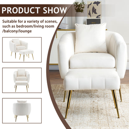 Velvet Accent Chair Set Barrel Chair with Ottoman Modern Club Chair Reading Armchair with Lumbar Pillow for Living Room, Bedroom, Study Room, Home Office Off-White