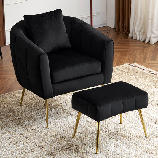 Velvet Accent Chair Set Barrel Chair with Ottoman Modern Club Chair Reading Armchair with Lumbar Pillow for Living Room, Bedroom, Study Room, Home Office Black
