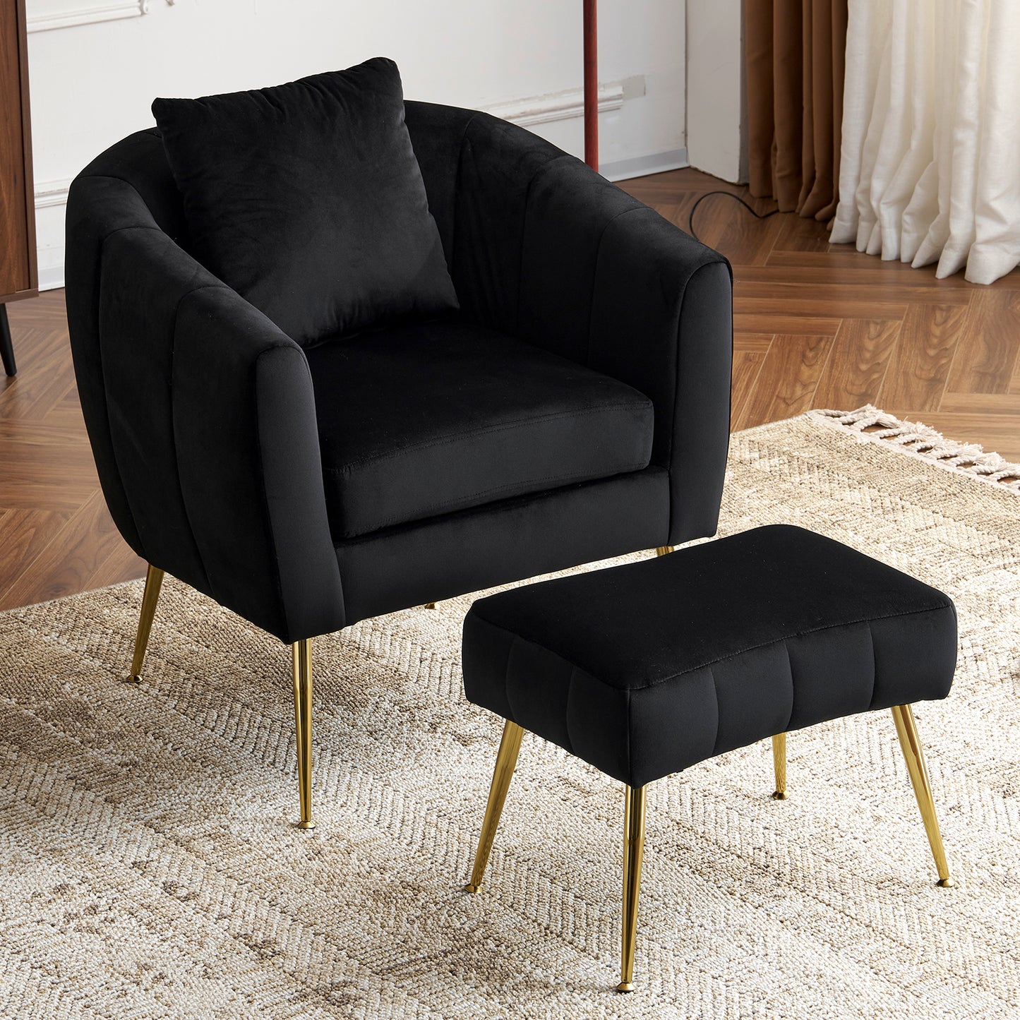 Velvet Accent Chair Set Barrel Chair with Ottoman Modern Club Chair Reading Armchair with Lumbar Pillow for Living Room, Bedroom, Study Room, Home Office Black