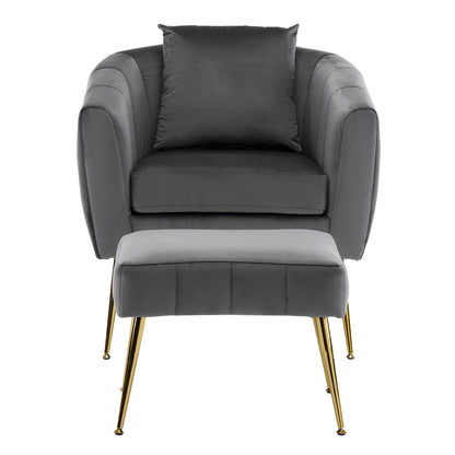 Velvet Accent Chair Set Barrel Chair with Ottoman Modern Club Chair Reading Armchair with Lumbar Pillow for Living Room, Bedroom, Study Room, Home Office Gray