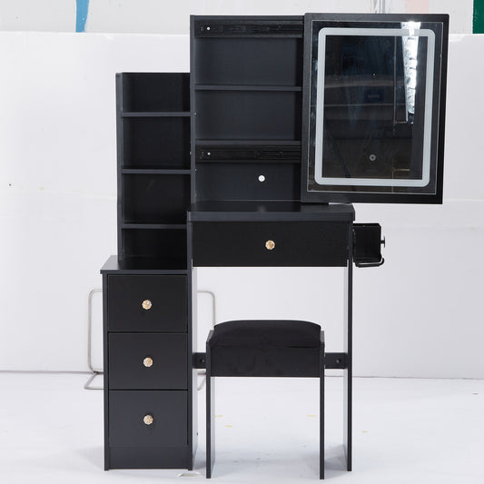 Compact bedside cabinet vanity table with sliding LED mirror