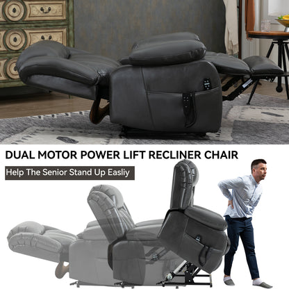 Dual Motor Infinite Position Up to 350 LBS Electric Medium size Leatheraire Grey Power Lift Recliner Chair with 8-Point Vibration Massage and Lumbar Heating