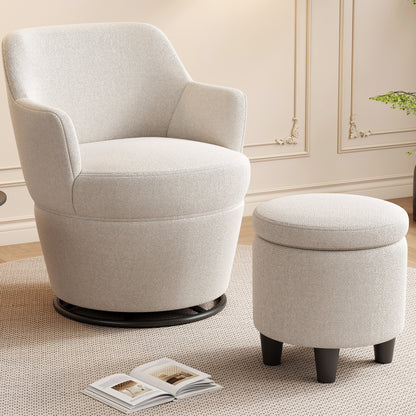 360°Swivel Accent Chair with Ottoman, Lounge Sofa with Nail Trim, Living Room Chairs, Bedroom Chair, Vanity Chair, Nursery Glider, Swivel Barrel Chair-Beige/White Accent Chair