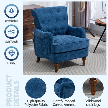 Accent Chair With Comfy Chenille Club Fabric,Comfy Upholstered Living Room Arm Chair,Springs Cushions & Retro Wooden Legs,Fabric Sofa Chair Reading Chair for Bedroom Office,Holds 300lbs(Blue)