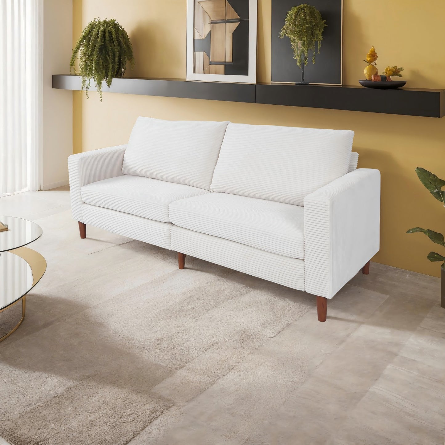 White Corduroy, Modern Style Solid Color Sofa, Multi-Person Sofa, Suitable For Living Room And Office