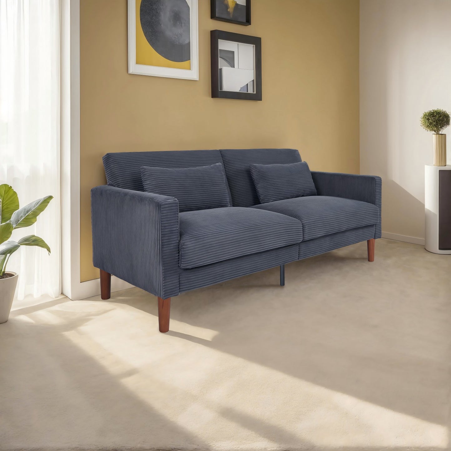 Grey Corduroy, Modern Sofa With Two Pillows, Suitable For Living Room, Lounge