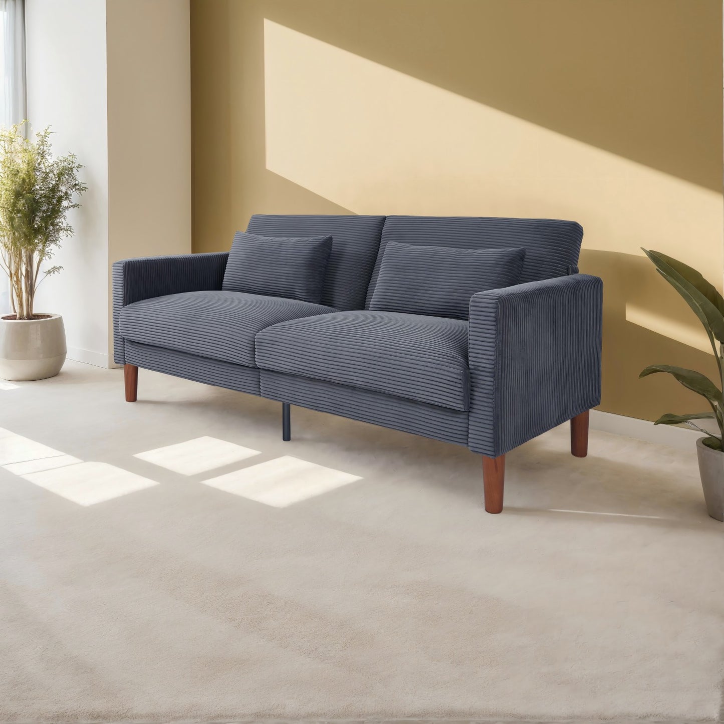 Grey Corduroy, Modern Sofa With Two Pillows, Suitable For Living Room, Lounge