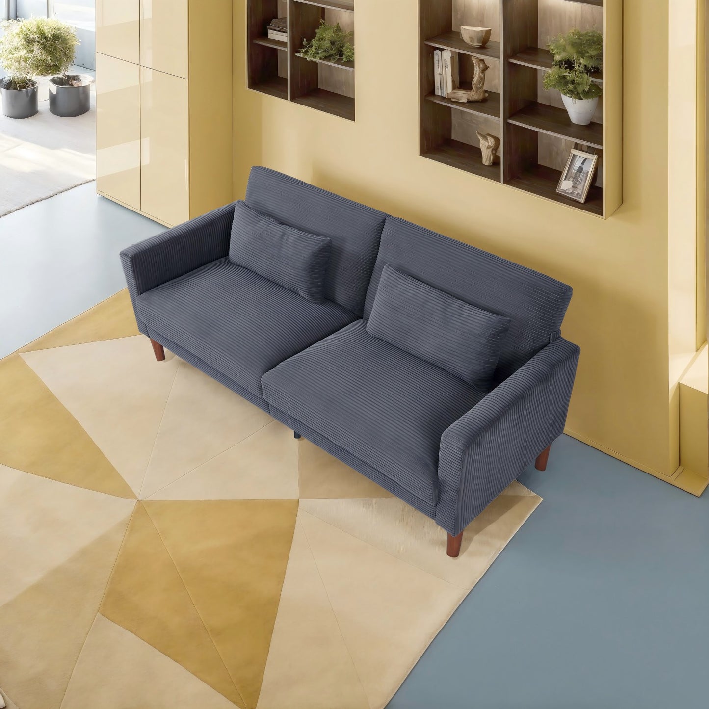 Grey Corduroy, Modern Sofa With Two Pillows, Suitable For Living Room, Lounge