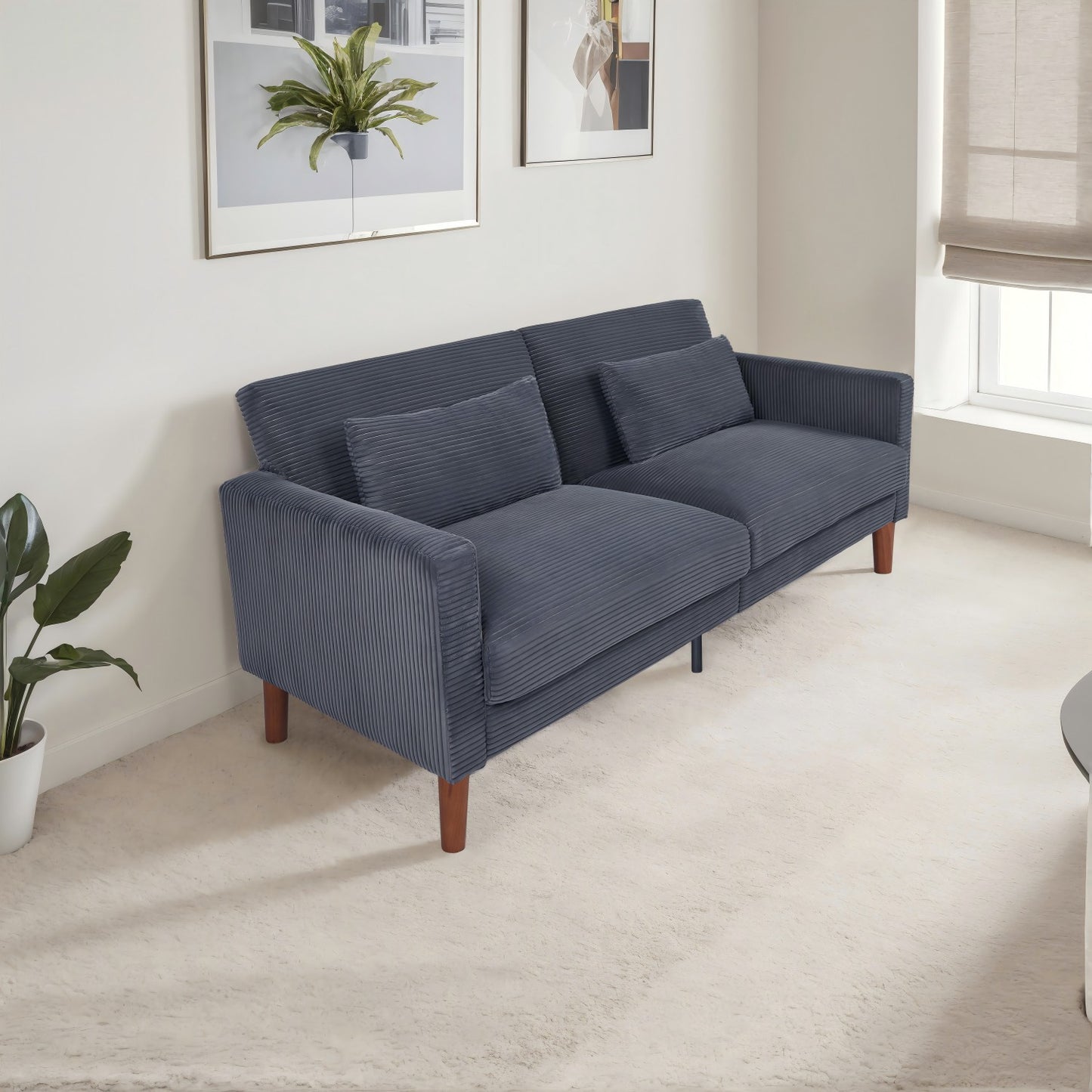 Grey Corduroy, Modern Sofa With Two Pillows, Suitable For Living Room, Lounge