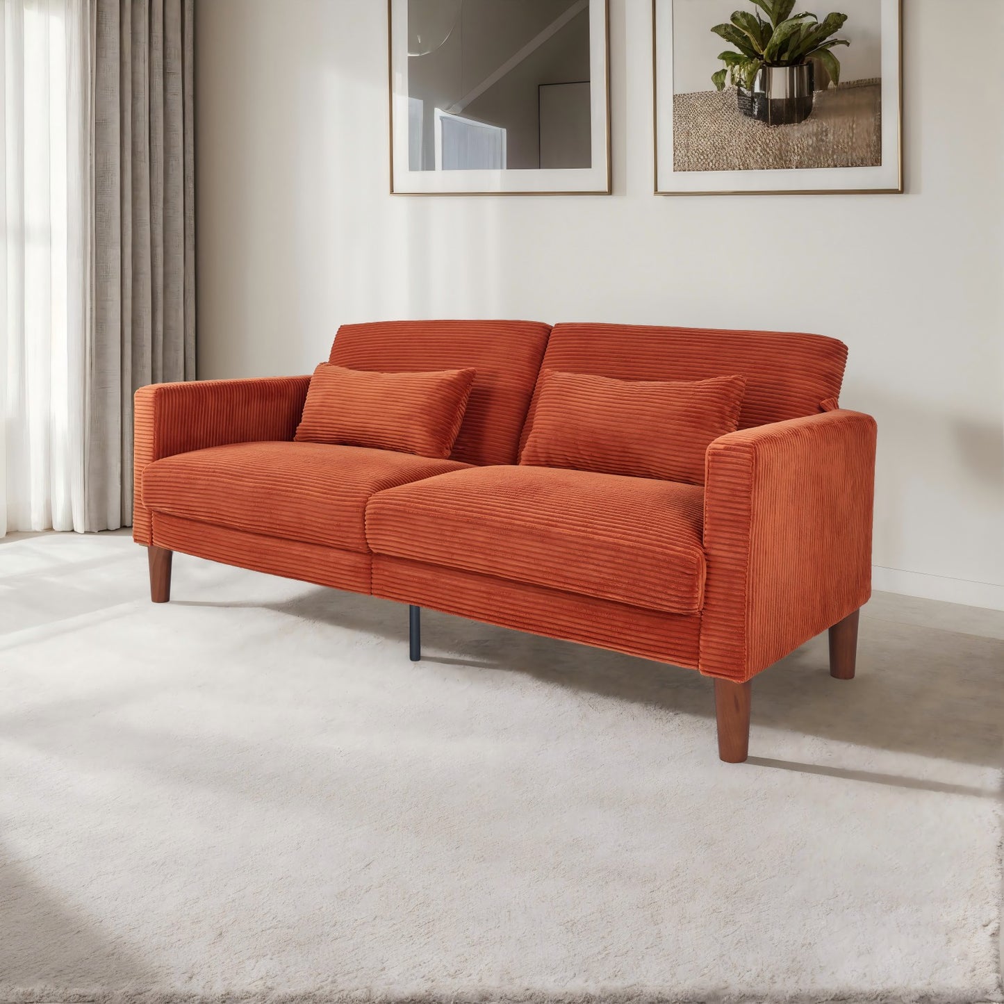 Orange Corduroy, Modern Sofa With Two Pillows, Suitable For Living Room, Lounge