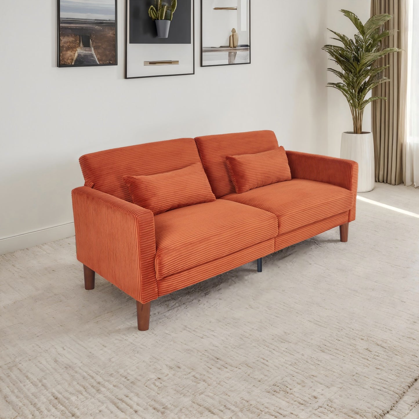 Orange Corduroy, Modern Sofa With Two Pillows, Suitable For Living Room, Lounge