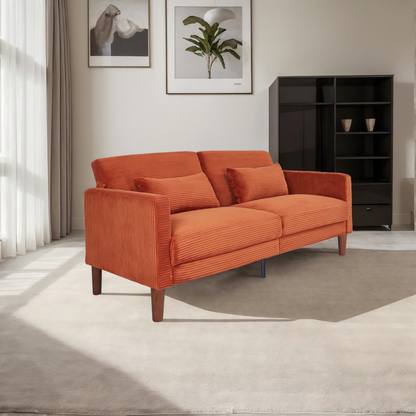 Orange Corduroy, Modern Sofa With Two Pillows, Suitable For Living Room, Lounge