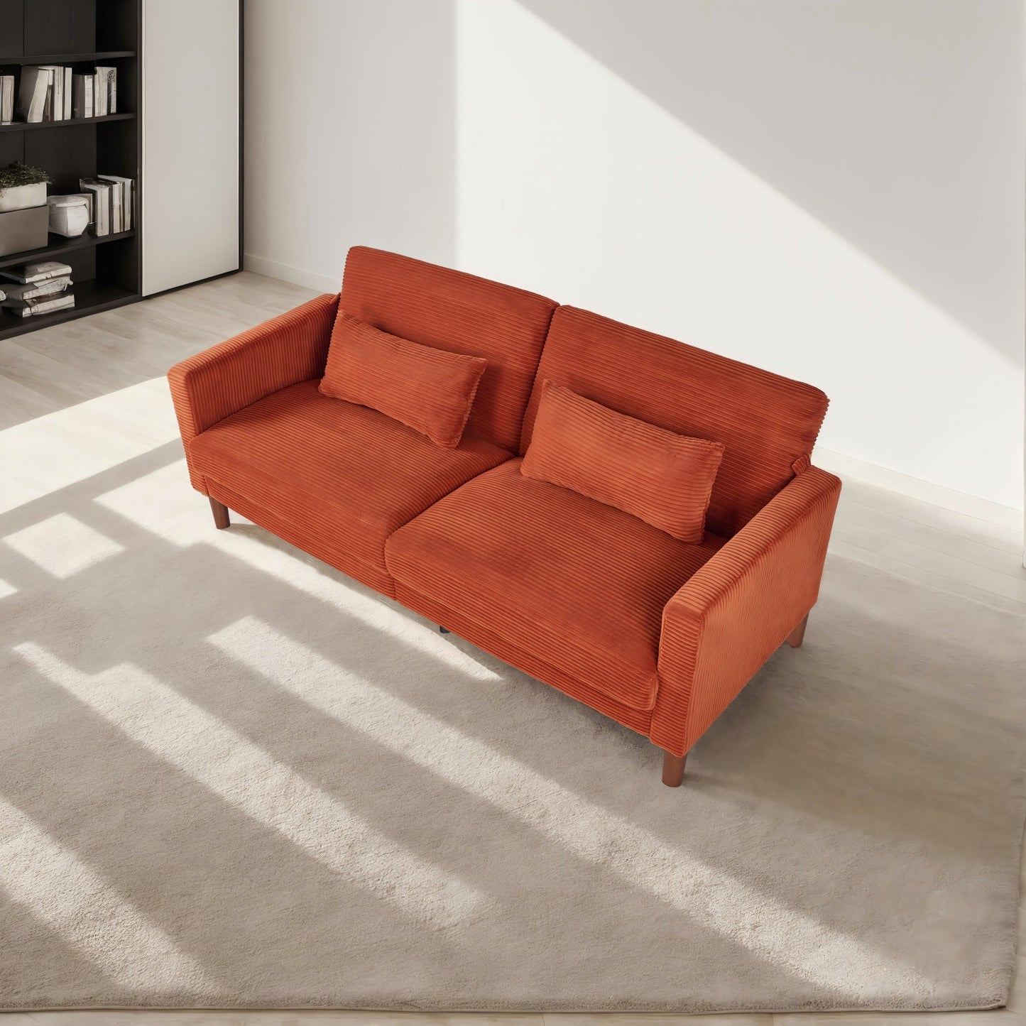 Orange Corduroy, Modern Sofa With Two Pillows, Suitable For Living Room, Lounge
