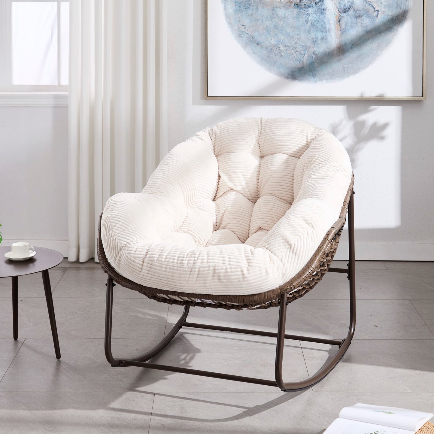 Outdoor Rattan Rocking Chair,Padded Cushion Rocker Recliner Chair Outdoor for Front Porch, Living Room, Patio, Garden, White