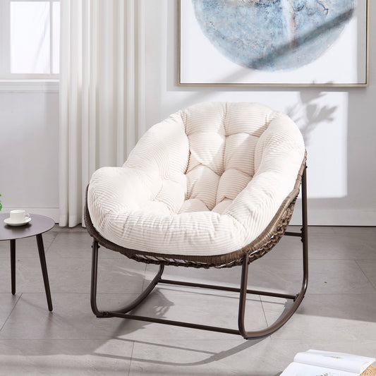 Outdoor Rattan Rocking Chair,Padded Cushion Rocker Recliner Chair Outdoor for Front Porch, Living Room, Patio, Garden, White