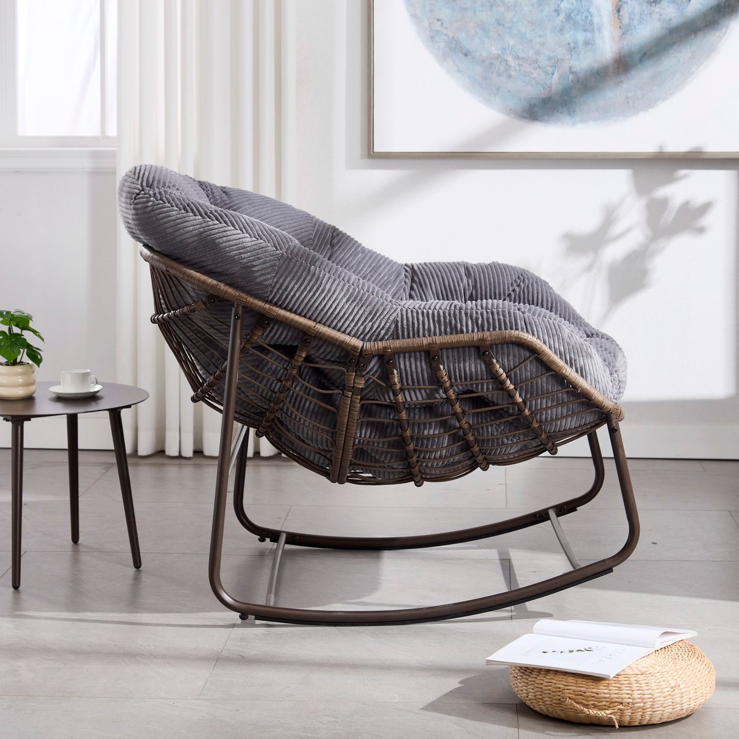Outdoor Rattan Rocking Chair,Padded Cushion Rocker Recliner Chair Outdoor for Front Porch, Living Room, Patio, Garden, Grey