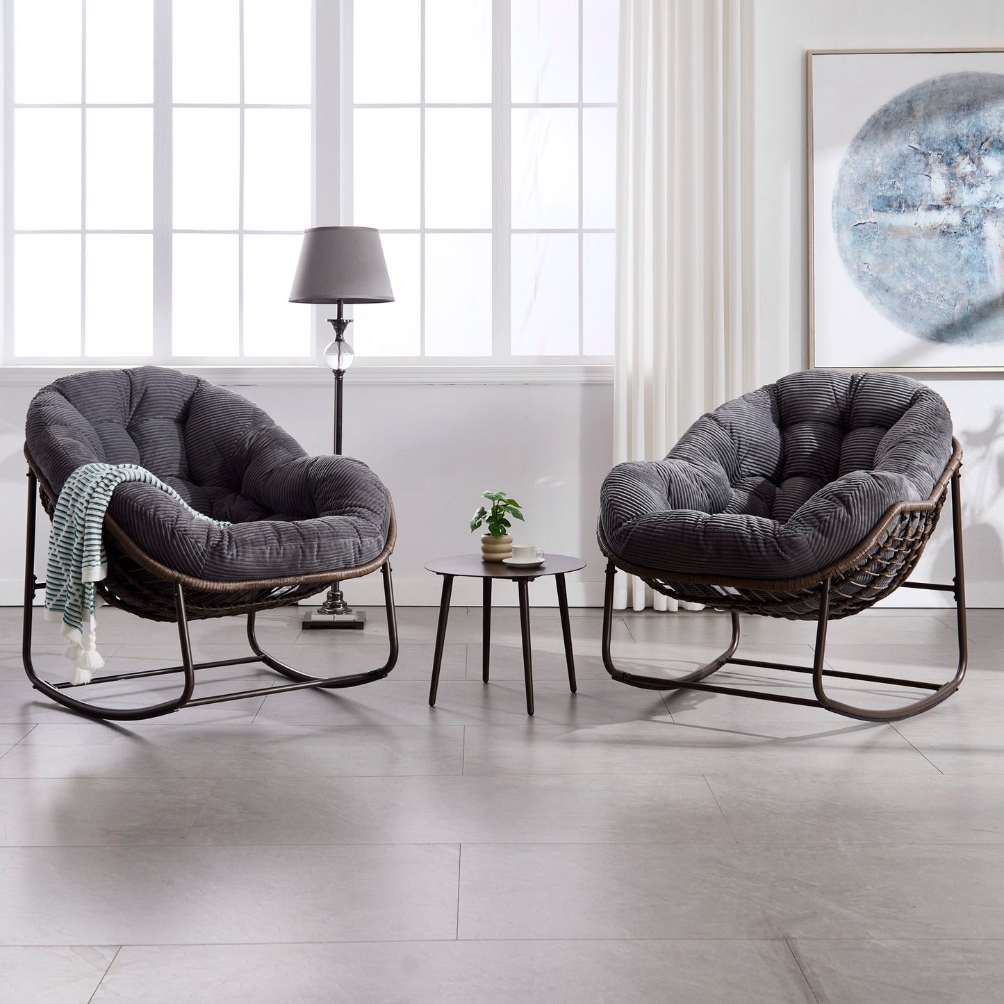 Outdoor Rattan Rocking Chair,Padded Cushion Rocker Recliner Chair Outdoor for Front Porch, Living Room, Patio, Garden, Grey