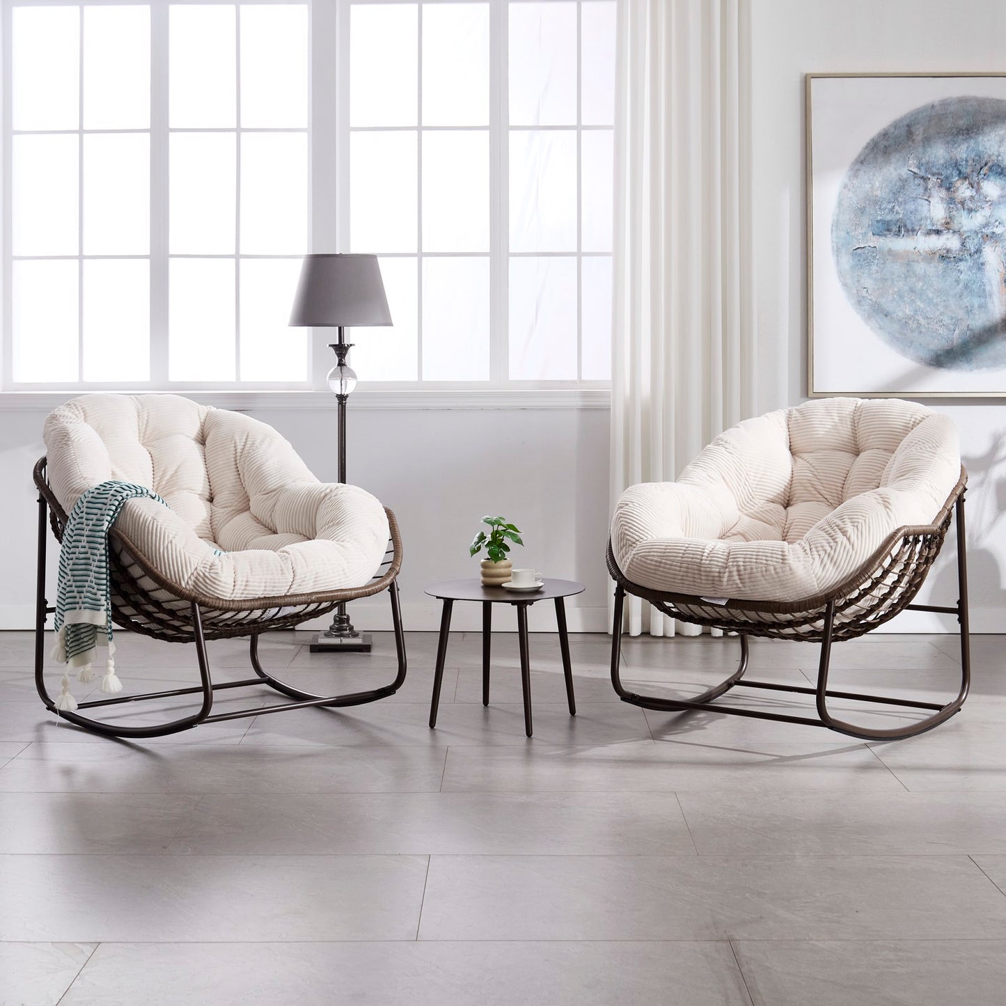 Outdoor Rattan Rocking Chair,Padded Cushion Rocker Recliner Chair Outdoor for Front Porch, Living Room, Patio, Garden, White