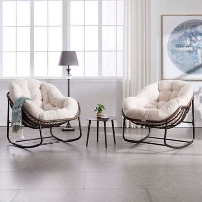 Outdoor Rattan Rocking Chair,Padded Cushion Rocker Recliner Chair Outdoor for Front Porch, Living Room, Patio, Garden, White
