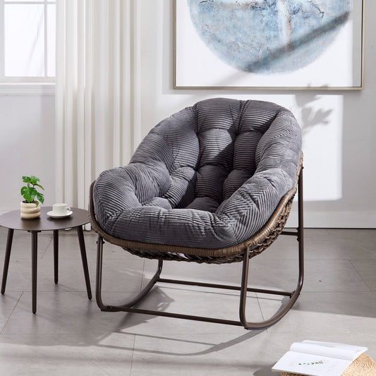 Outdoor Rattan Rocking Chair,Padded Cushion Rocker Recliner Chair Outdoor for Front Porch, Living Room, Patio, Garden, Grey